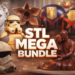 May include: An assortment of 3D-printed items, including a Stormtrooper helmet, a bust, and two futuristic helmets. The image also features a Demogorgon-like flower and a statue of a couple. The text "STL MEGA BUNDLE" is prominently displayed.