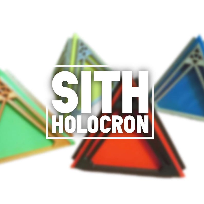 May include: A set of three triangular shaped boxes with the words "SITH HOLOCRON" in white text on a black background. The boxes are green, blue, and red.