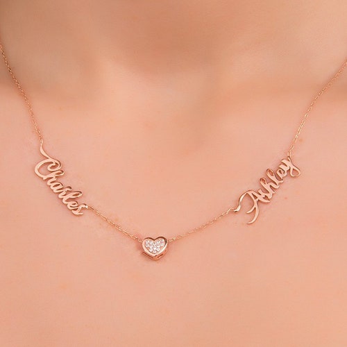 Personalized Two Names Necklace With Heart Mom Daughter Names Etsy