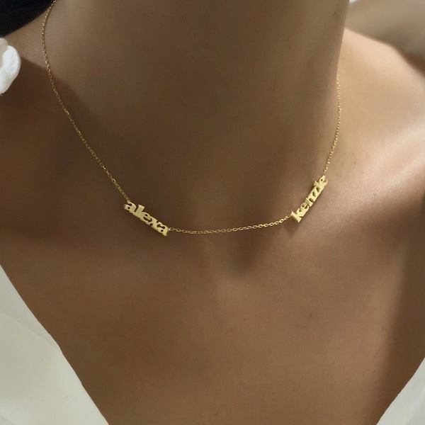 Solid Gold Two Name Necklace / Gold Multiple Name Necklace / Name Necklace /  Personalized Necklace/ Meaningful Mother Gift, 2 Name Necklace