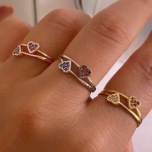 Custom Dual Birthstone Ring, Two Stone Ring, Everyday Dainty Ring, Personalized Birthstone Ring, Sterling Silver Ring, Heart Birthstone Ring