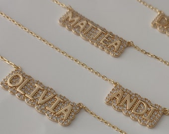 Diamond Name Necklace, Bubble Name Necklace, Crystal Personalized Name Necklace, Pavé Name Necklace - Cubic Zirconia Necklace, Name Plate