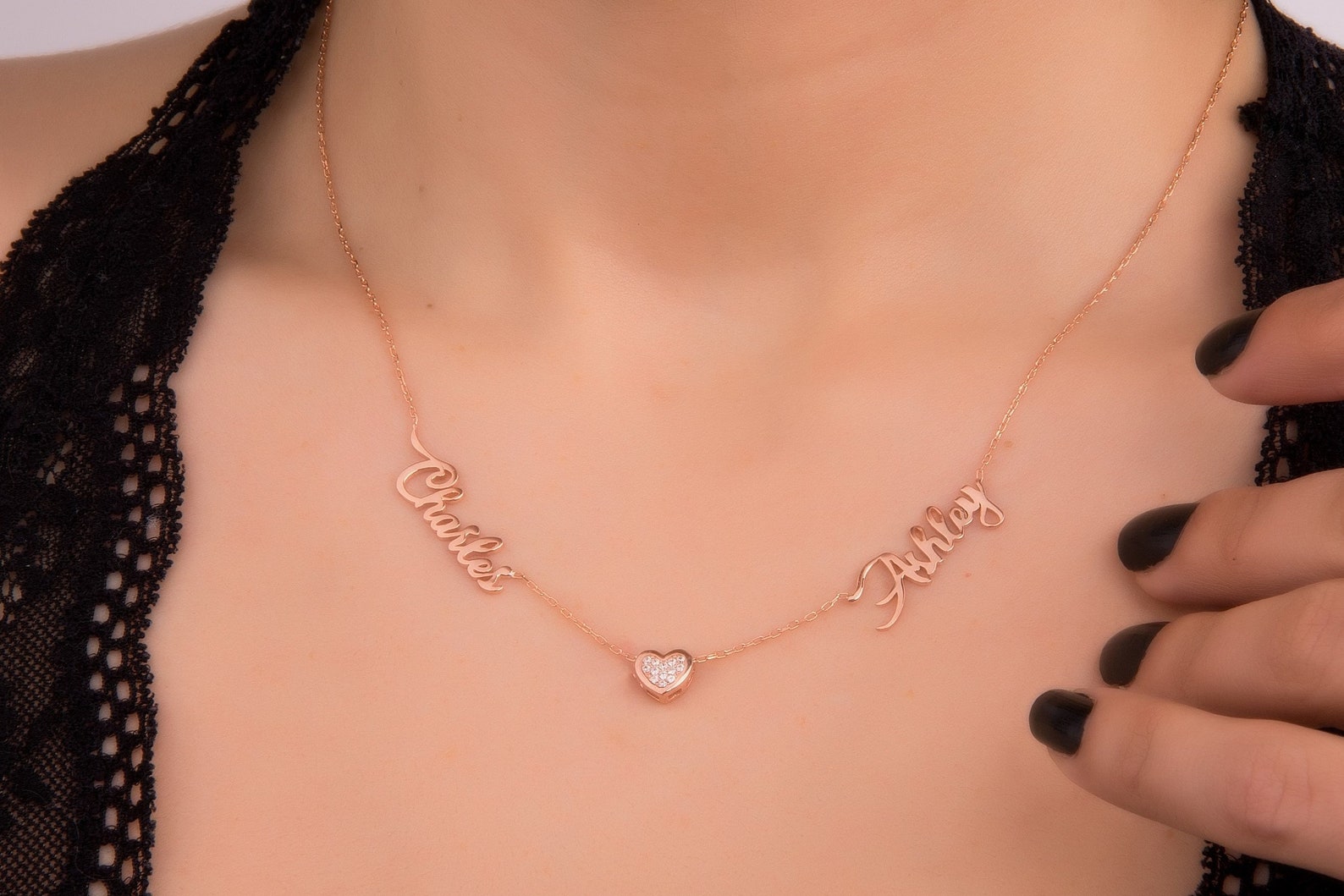 Personalized Two Names Necklace With Heart Mom Daughter Names Etsy