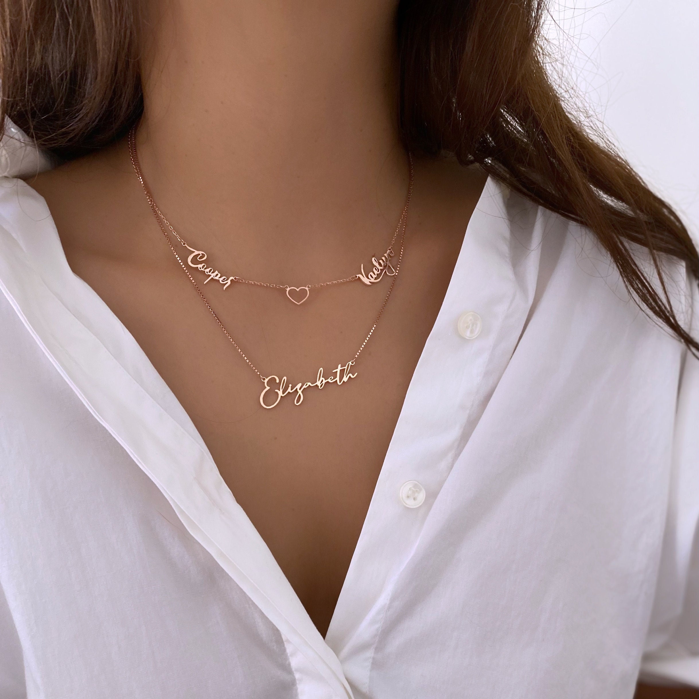 Personalized Two Names Necklace With Heart mom Daughter Names Etsy