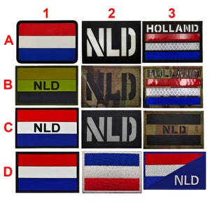 Könnte beinhalten: Ein Set aus zehn gestickten Patches mit der niederländischen Flagge, dem Wort "NLD" und dem Wort "Holland". Die Patches sind in verschiedenen Farben und Stilen gehalten, darunter Tarnmuster, Schwarz, Weiß und Grau.