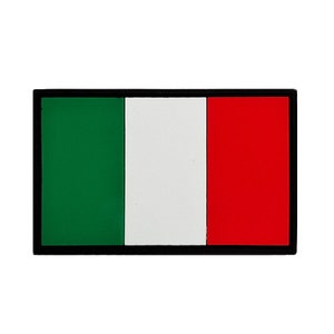 May include: A rectangular patch with the Italian flag colors: green, white, and red. The flag is surrounded by a black border.