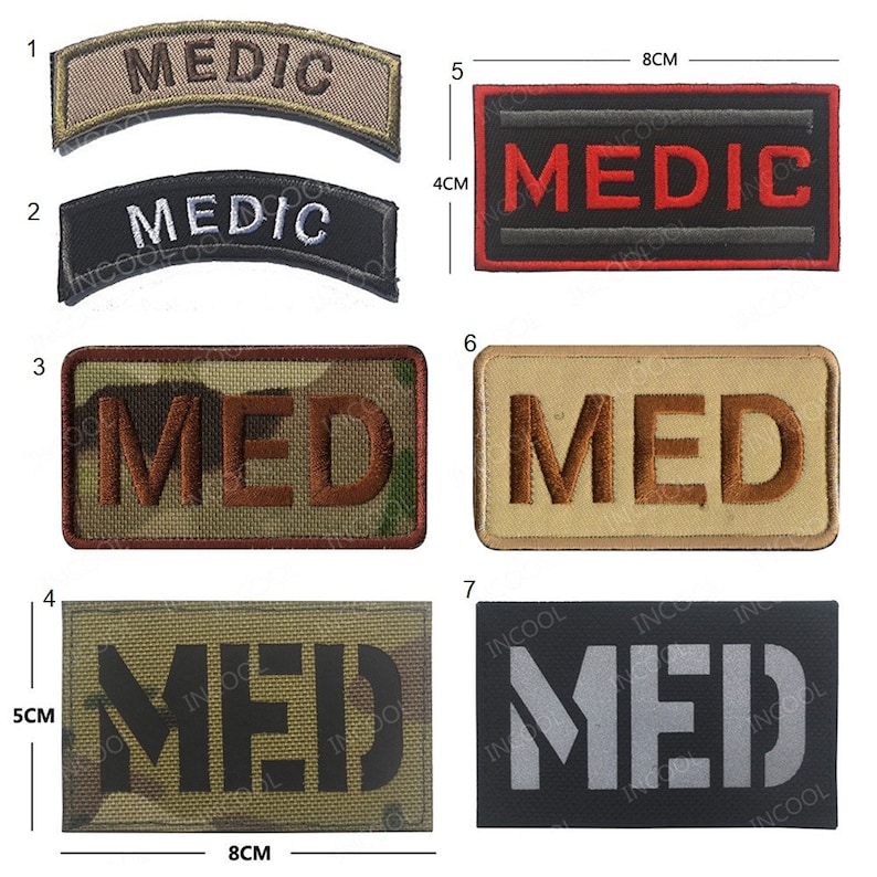 May include: Ten different embroidered patches with the word "MED" or "MEDIC" in various colors and styles. The patches are approximately 4 cm by 8 cm.