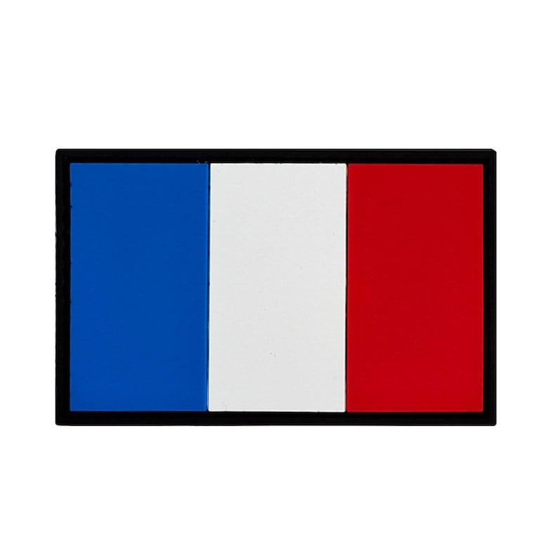 May include: A blue, white, and red French flag patch with a black border.