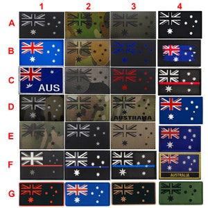 May include: A set of 21 iron-on patches featuring the Australian flag in various designs and colour combinations. The patches are arranged in a grid with seven rows and three columns. The patches are all approximately the same size and shape. The patches are made of a durable material and are suitable for use on clothing, bags, and other items.