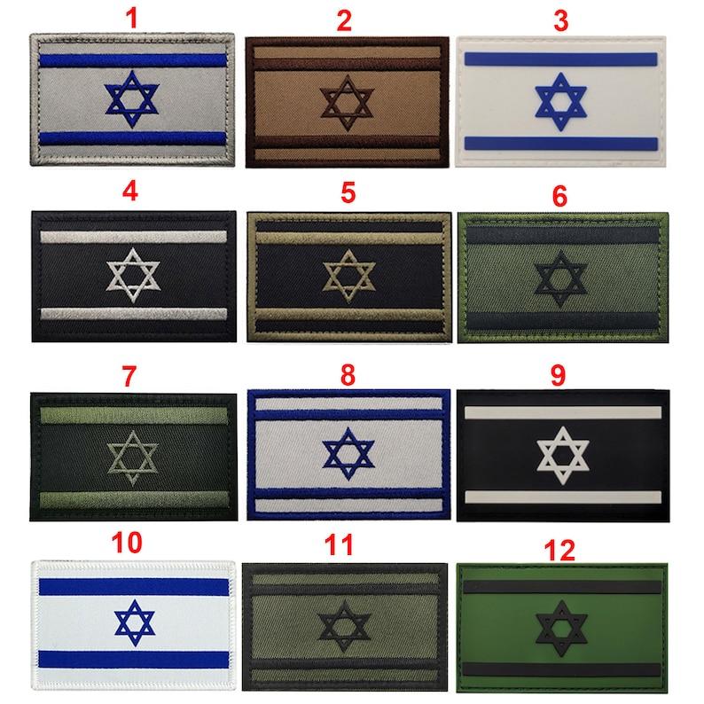 May include: Twelve different embroidered patches featuring the Israeli flag. Each patch has a different background color, including white, black, brown, green, and beige.