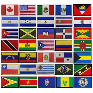 May include: A collection of 36 embroidered patches featuring the flags of various countries in the Americas. The patches are arranged in six rows of six, with each patch measuring approximately 5 cm by 7.5 cm. The patches are made of high-quality materials and are perfect for adding a touch of patriotism to your clothing, bags, or other accessories.