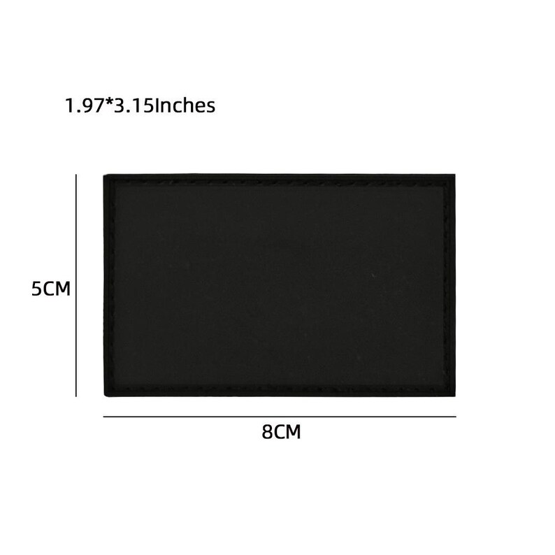 May include: Black rectangular patch with a stitched border. The patch measures 1.97 inches by 3.15 inches, or 5 cm by 8 cm.