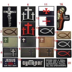 May include: Twenty embroidered patches featuring a variety of religious symbols and sayings. The patches are in different colours and styles, including a cross, a fish, an American flag, and a quote about heaven and hell.