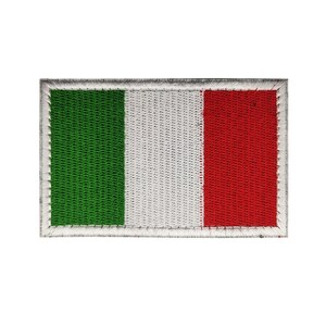 May include: An embroidered Italian flag patch with a white border. The flag is green, white, and red.