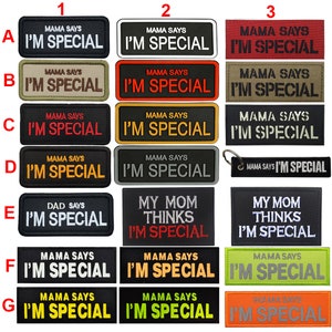May include: A set of 21 iron-on patches with various colours and designs. The patches feature the text "Mama Says I'm Special" in different fonts and colours. Some patches also include the text "My Mom Thinks I'm Special" and "Dad Says I'm Special".