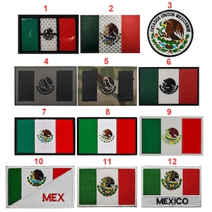 May include: Twelve different versions of the Mexican flag patch. The patches are in various styles, including a reflective patch, a camouflage patch, and a patch with the words "MEX" and "MEXICO".