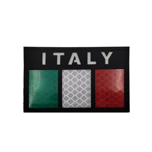 May include: A black patch with the word "ITALY" in white letters and a reflective Italian flag design with green, white, and red colors.