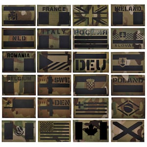 Könnte beinhalten: Ein Set mit 20 gestickten Aufnähern mit Flaggen aus verschiedenen Ländern. Die Aufnäher sind alle rechteckig und haben einen Tarnmuster-Hintergrund mit schwarzen Umrandungen. Die Flaggen sind alle sichtbar und beinhalten das Vereinigte Königreich, Frankreich, Italien, Deutschland, Spanien, Portugal, Polen, Irland, Belgien, die Niederlande, Rumänien, die Slowakei, die Schweiz, Dänemark, Schweden, Kroatien, Russland, Brasilien, Kanada und die Vereinigten Staaten.