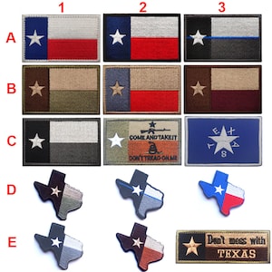 May include: A set of ten embroidered iron-on patches featuring the Texas flag in various color combinations and styles. The patches include a traditional Texas flag, a Texas flag with a thin blue line, a Texas flag with a snake and the words "Come and Take It" and "Don't Tread On Me", a Texas flag with a star in the center, and a Texas flag in the shape of the state of Texas. The patches are perfect for adding a touch of Texas pride to your clothing, bags, or other items.