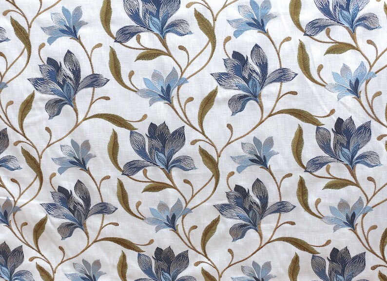 Embroidered Floral Fabric By The Yard Blue White Drapery Etsy