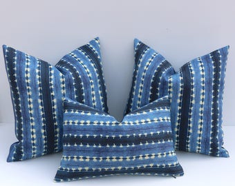 Indoor Outdoor Mudcloth Pillow / Indigo Striped Pillow Cover / 18x18 16x16 16x24 14x36 26x26 Outdoor Pillow Covers OD3