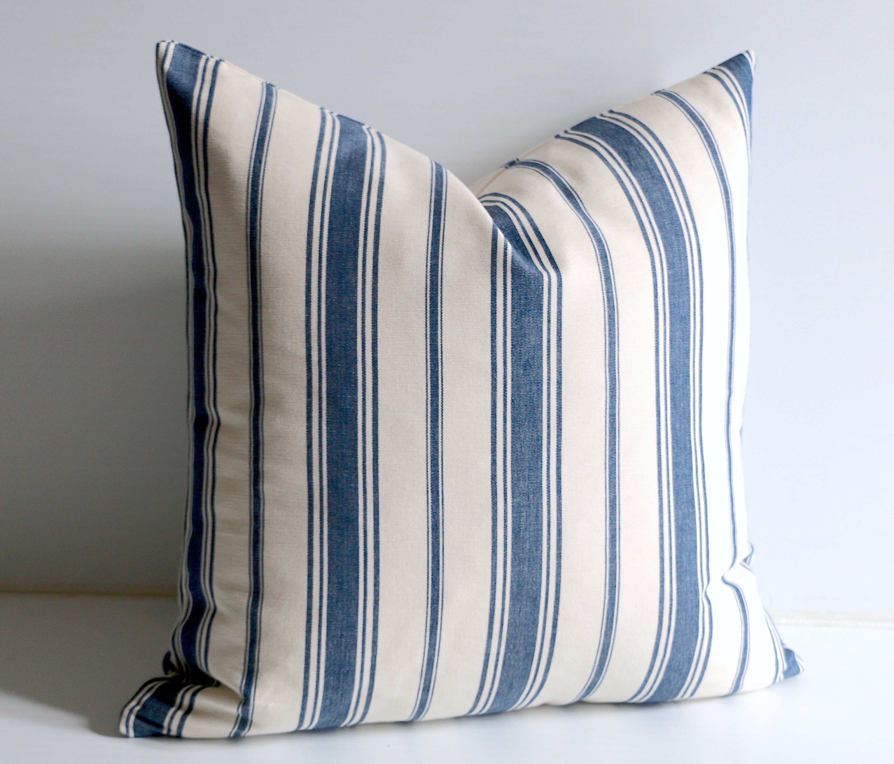Ticking Pillow Cover Woven Dark Blue Ticking Stripe Pillow Covers, Blue