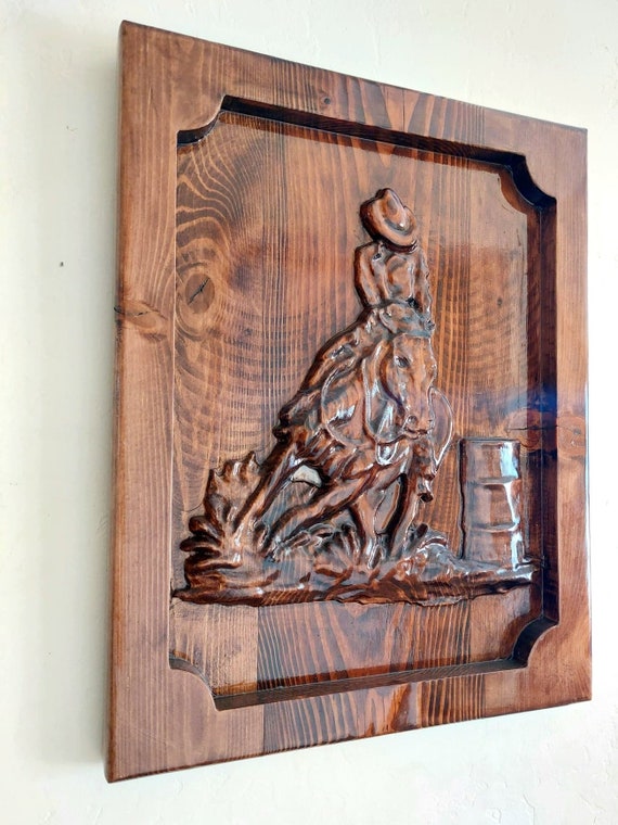 Cowboy Barrel Racing, Horses Cowboy Barrel Racing, 3D Carving Art wall Decor, Rodeo Cowboy, Rustic Wall Decor, Rodeo Gift