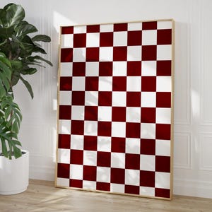 Stampa artistica da parete con motivo a scacchiera rosso ciliegia, motivo a scacchi bianco e rosso scuro, decorazione da parete retrò carina, poster geometrico alla moda e colorato