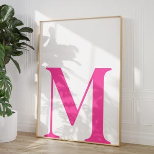 Póster imprimible con la letra M, monograma rosa fuerte, inicial rosa brillante, arte de pared para habitación de niña, tipografía moderna, decoración de pared