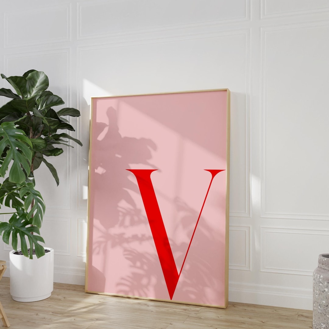 Letter V Printable Wall Art Pink and Red V Monogram Print Initial V ...