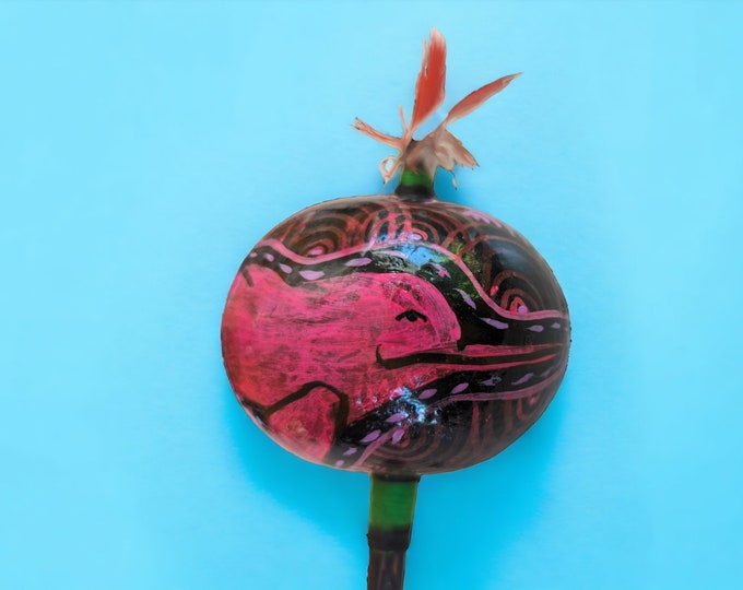 PINK DOPHIN  gourd rattle shaker painted psychedelic art maraca spirit animal ABORIGINAL Shipibo art