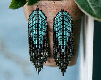 FEATHER beaded  EARRINGS long blue green turquoise iridescent hues summer long  CZECH glass beads