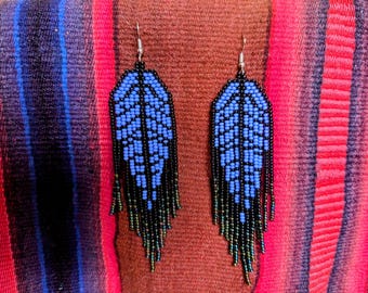 FEATHER beaded  long EARRINGS iridescent  purple hues summer CZECH glass beads