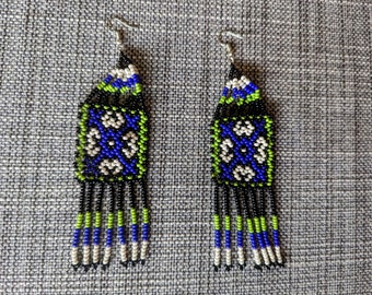 Aunthentic SHIPIBO long kene pattern beaded  EARRINGS blue white green