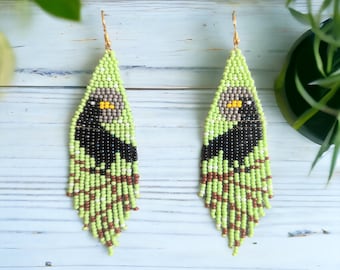 RAVEN SPIRIT beaded  EARRINGS long blue tones summer festival light green Czech glass beads