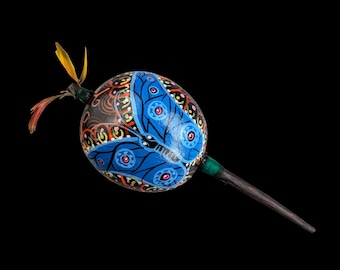 Large SHIPIBO gourd MARACA  Rattle painte Blue morpho butterfly psychedelic art