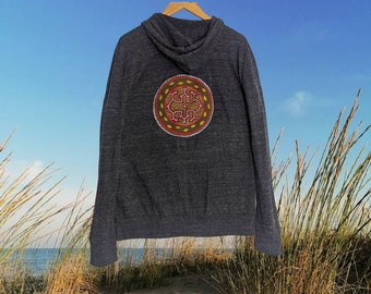 SHIPIBO ICARO Embroidered patch HOODIE Sweatshirt Kene Native art Sacred geometry tribal pattern men size Large gray dark graphite