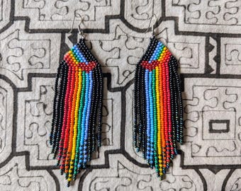 RAINBOW HEART beaded  long EARRINGS iridescent  purple hues summer black  multicolor Czech glass beads