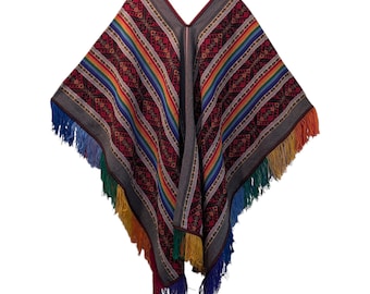 INKA QERO PONCHO  style unisex shamanic ceremonial outfit Andean Cuzco Peruvian pink rainbow colorful fringed cape