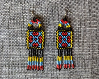 Aunthentic SHIPIBO long kene pattern beaded  EARRINGS blue  red yellow