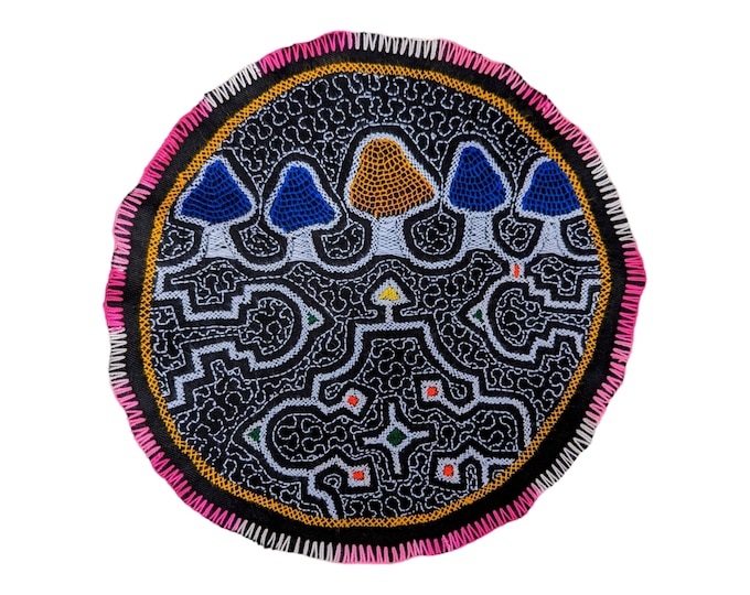 Magic MUSHROOM  SHIPIBO MANDALA fabric cloth mother nature earth spirit  Patch Ícaro Ayahuasca shamanic vision blue yellow