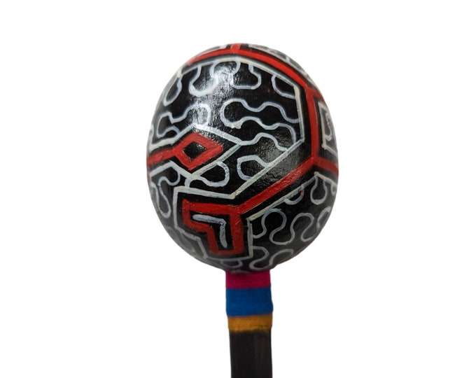 RATTLE gourd MARACA shaker painted SHIPIBO Kene Ayahuasca vision Ikaro psychedelic art red