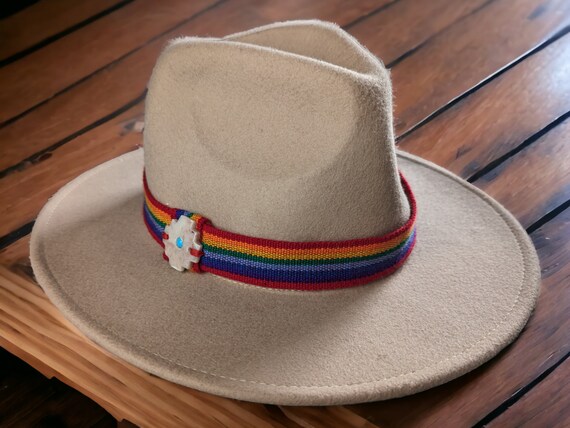 CHAKANA rainbow WOOL beige black felted hat with Inka  Q'ero wove ribbon sombrero size medium 56 cm