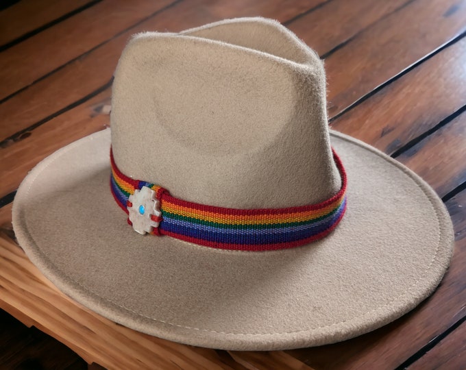 CHAKANA rainbow WOOL beige black felted hat with Inka  Q'ero wove ribbon sombrero size medium 56 cm