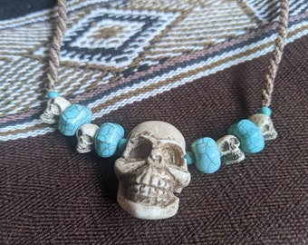 SKULL PENDANT NECKLACE woven macrame cord semi precious stone beads sacred death spiritual protection
