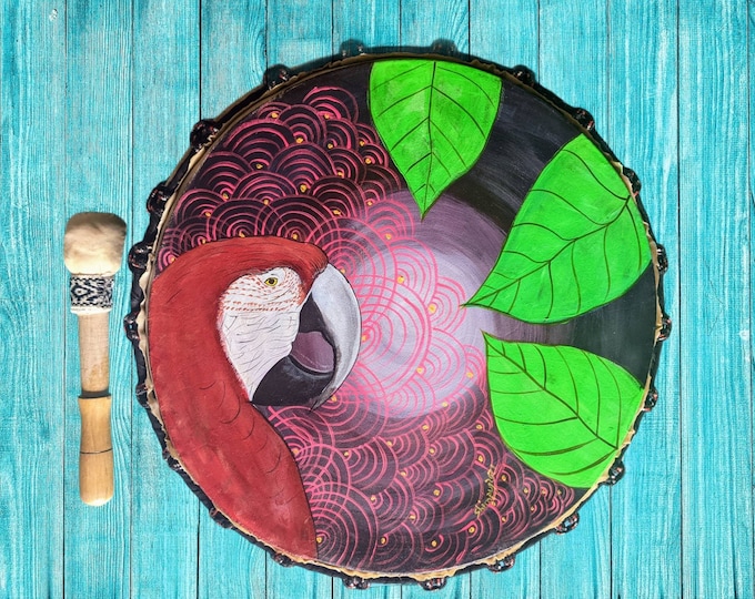 Featured listing image: Shamanic DRUM and drumstick  painted by artist Shimpu Psychedelic art  GUACAMAYO MACAW bird spirit animal   15in 38 cms