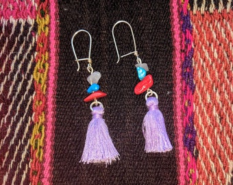 Purple TASSEL, SILVER 925 and semiprecious recycled  GEMSTONES colorful  earrings