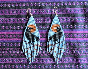 RAVEN SPIRIT beaded  EARRINGS long blue tones summer festival light blue Czech glass beads