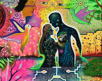 TWIN FLAMES  SHIPIBO artist Inin Soi psychedelics vision from plant medicine Ayahuasca Glice Canvas print reproduction