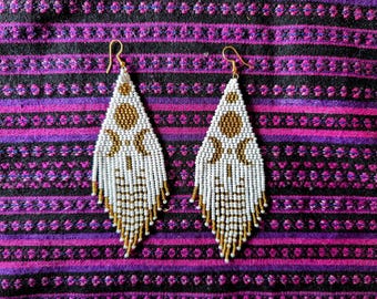 MOON PHASE  beaded  long EARRINGS Goddess summer accessories white gold Czech glass beads